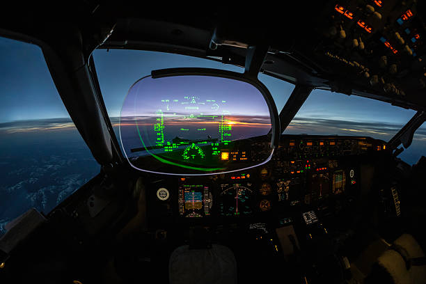 modern jet cockpit flight instruments Jet cockpit and modern Heads up Guidance System at sunset cockpit stock pictures, royalty-free photos & images