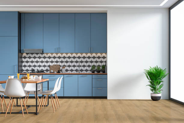 Modern kitchen and dining room 70's retro style stock photo