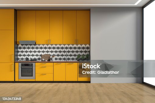 istock Modern kitchen and dining room 70's retro style 1343473348
