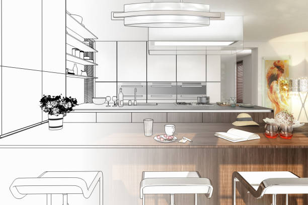 Modern Kitchen Arrangement (draft ) - 3d illustration stock photo