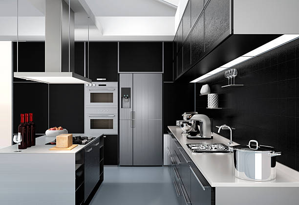 Modern kitchen interior with smart appliances in black color coordination stock photo