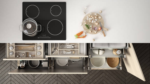 moderne keuken bovenaanzicht, geopend van lades en kachel met koken pan, minimalistisch interieur - keukengereedschap stockfoto's en -beelden