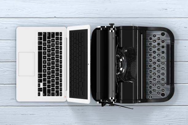 Modern Laptop Computer with Antique Typewriter. 3d Rendering Modern Laptop Computer with Antique Typewriter on a wooden table. 3d Rendering. old vs new stock pictures, royalty-free photos & images