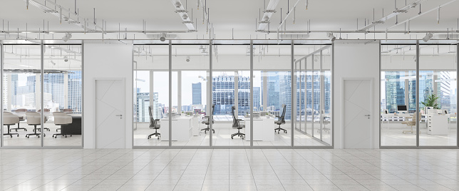 Modern Large Empty Office Interior With Board Room, Office Desks, Chairs And Cityscape.