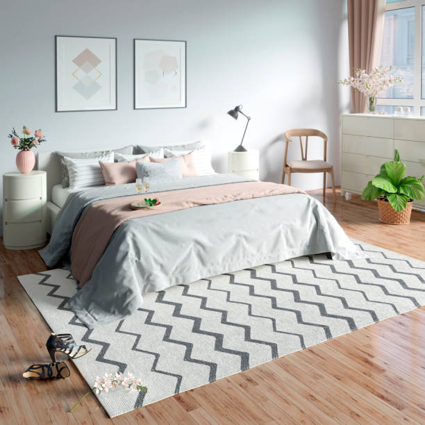 Modern light gray romantic bedroom with large windows, flowers, two posters, plaid, and pillows on the bed. 3d render carpet decor stock pictures, royalty-free photos & images