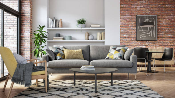 Modern living room interior - 3d render Scandinavian interior design living room 3d render with gray and yellow colored furniture and wooden elements sofa stock pictures, royalty-free photos & images