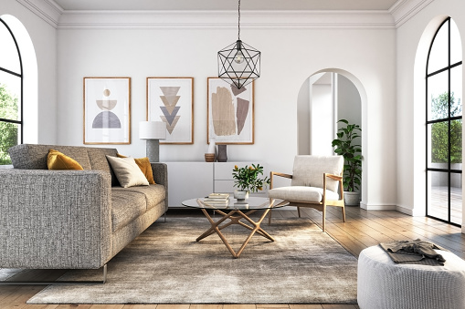 Living room interior design- 3d render with gray and white colored furniture and wooden elements
