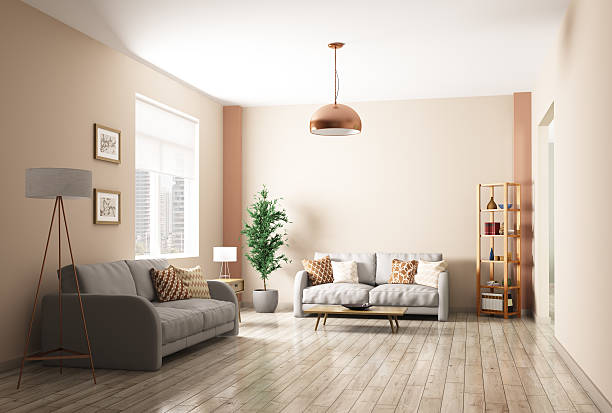 Modern living room interior 3d rendering Modern interior of living room with two gray sofas 3d rendering hardwood stock pictures, royalty-free photos & images