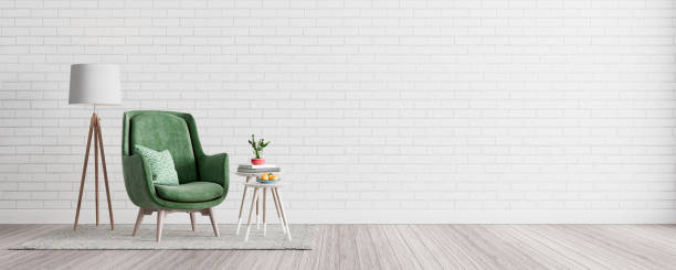 Modern Living room, interior design with white brick wall and green armchair 3D Render stock photo