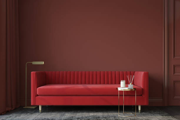 Modern living room interior with the red couch. 3d render. stock photo