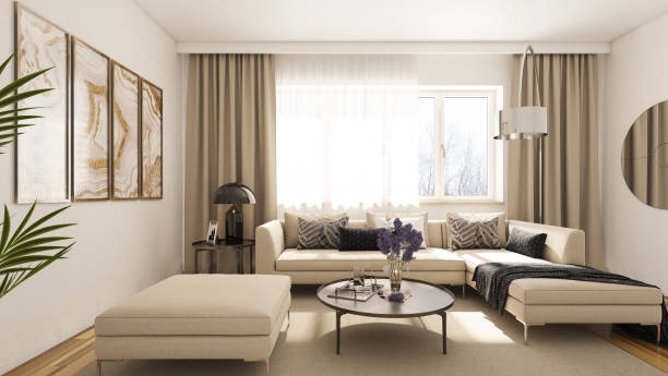 Modern Living Room Render of Modern Living Room curtain stock pictures, royalty-free photos & images