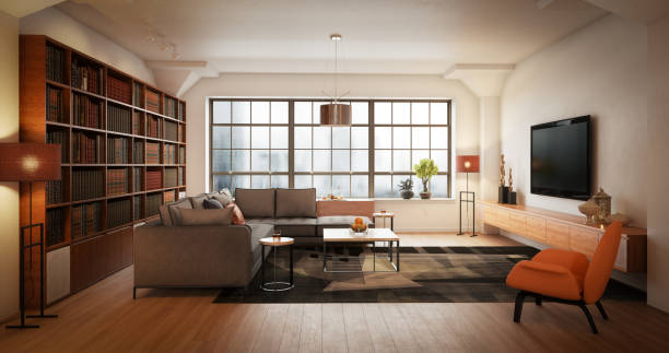Modern Living Room Digitally generated elegant and modern loft interior scene (living room).

The scene was rendered with photorealistic shaders and lighting in Autodesk® 3ds Max 2016 with V-Ray 3.6 with some post-production added. wide stock pictures, royalty-free photos & images