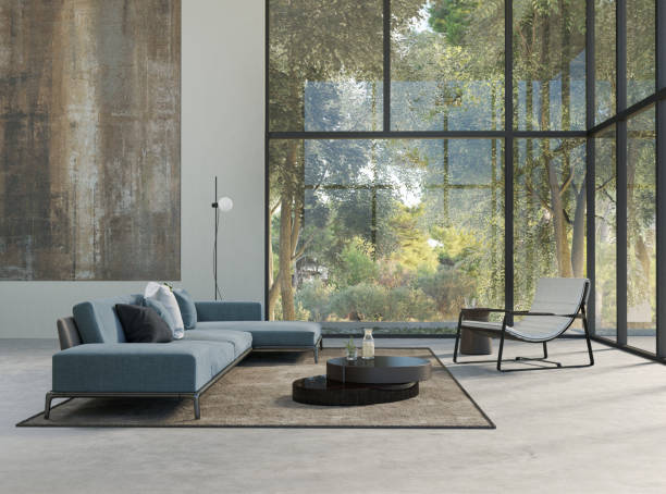 modern living room with forest view - art no people imagens e fotografias de stock