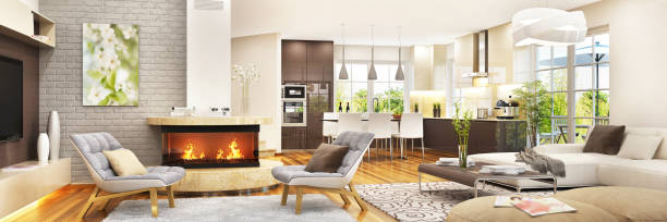 Modern living room with large kitchen in one open plan Beautiful living room with fireplace open plan photos stock pictures, royalty-free photos & images