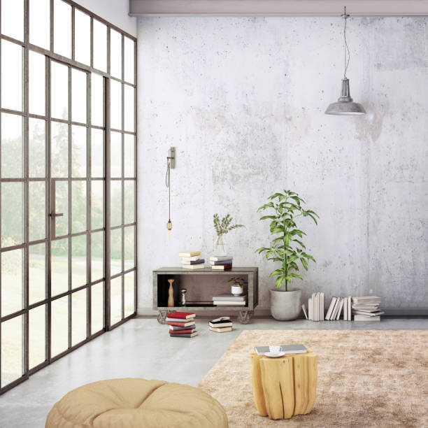 modern loft interior with blank wall for copy space - window, inside apartment, new york imagens e fotografias de stock