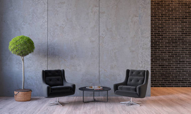 moderne loft interieur met meubilair lounge stoelen, plant, tabel, het platform concrete cement wandpanelen - lobby stockfoto's en -beelden