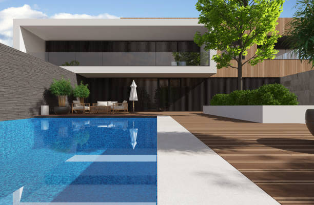 Modern Luxurious Villa with garden and swimming pool. stock photo