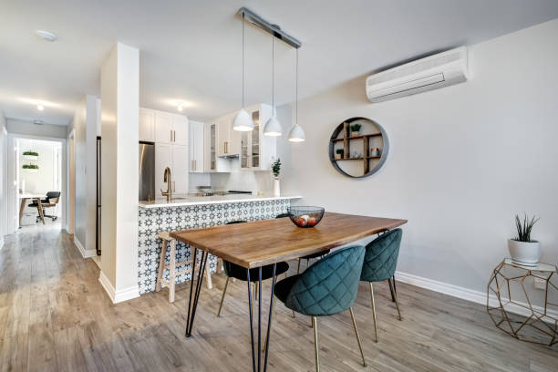 Modern Luxury Apartment Full set of small modern luxury well staged apartment with bathroom and kitchen in a condominium in Montreal, Quebec, Canada deck photos stock pictures, royalty-free photos & images
