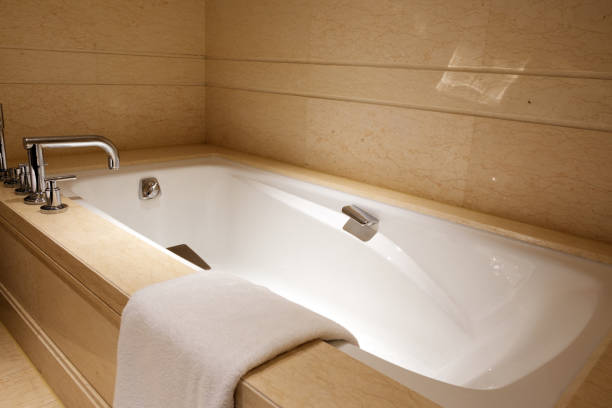 Modern luxury bathroom with bath tub stock photo