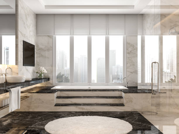 modernes luxus-badezimmer mit schwarzer und weißer marmorfliese 3d render - penthouse stock-fotos und bilder