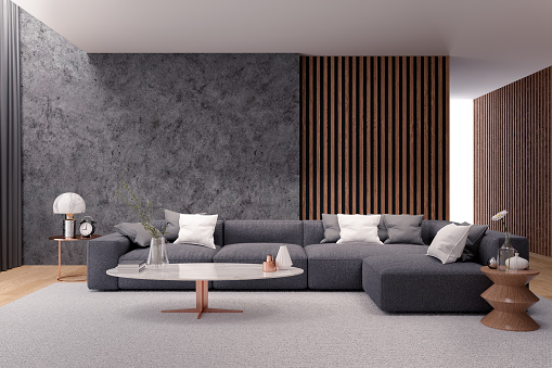 Modern Luxury Living Room Interior Design Black Sofa With Dark Concrete 