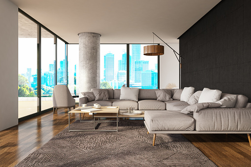 Modern Luxury Living Room With City View Stock Photo - Download Image ...