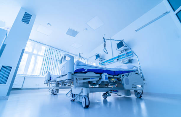 Modern medical beds for injured in hospital. stock photo