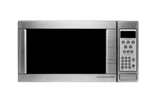 microwave oven shot over white, modern stainless steel design
