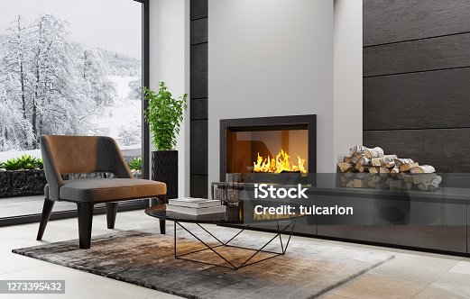 istock Modern minimalist apartment interior living room with fireplace 1273395432