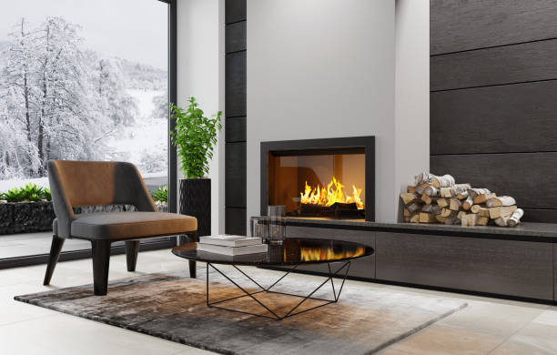 moderno soggiorno interno minimalista con camino - riscaldamento foto e immagini stock