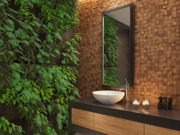 Modern minimalist bathroom with green wall garden stock photo