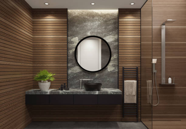 Modern minimalist bathroom with long wooden planks. Spa bathroom concept stock photo
