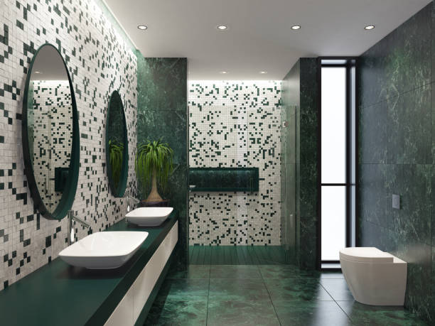 Modern minimalist bathroom with mosaic tiles stock photo
