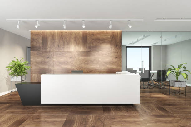 Modern office interior with big white desk Modern office interior with desk and conference board room. Wooden wall panels. Glass door. Wooden floor panels. 3d rendering. entrance hall stock pictures, royalty-free photos & images