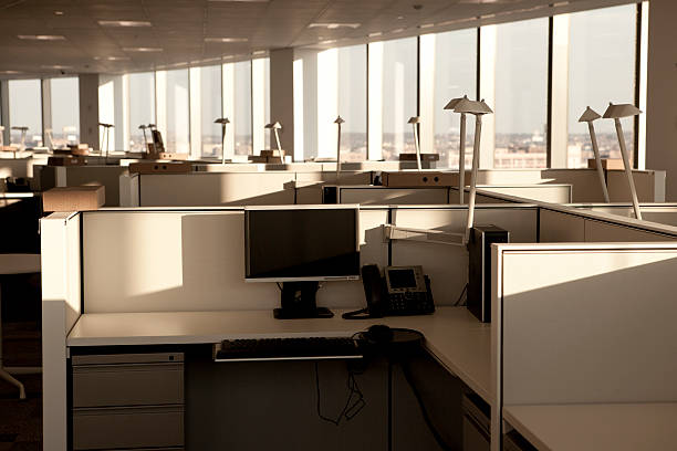 Modern Office Space Office cubicles in a new modern workplace with natural sunlight shining in from the windows.  office cubicle stock pictures, royalty-free photos & images