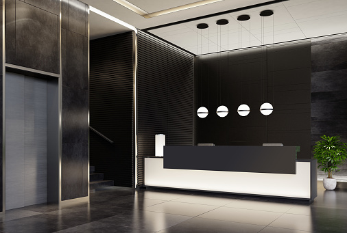 Modern and luxurious Offices lobby interior area with long reception desk.\n3d rendering