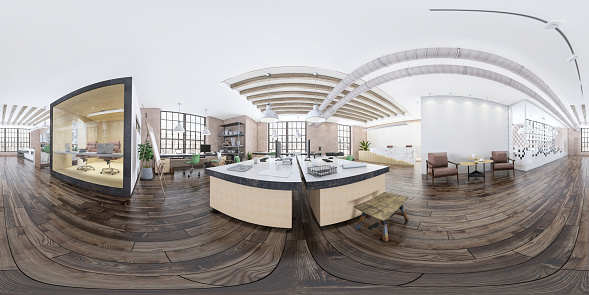 Modern open space office wide angle VR panorama. Render