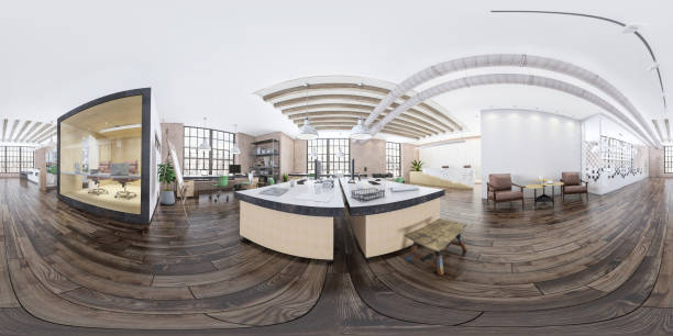 Modern open plan office interior Modern open space office wide angle VR panorama. Render 360 degree view stock pictures, royalty-free photos & images