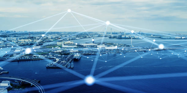 Modern port and ships aerial view and communication network concept. Ship radio. 5G. IoT. Modern port and ships aerial view and communication network concept. Ship radio. 5G. IoT. freight transportation stock pictures, royalty-free photos & images