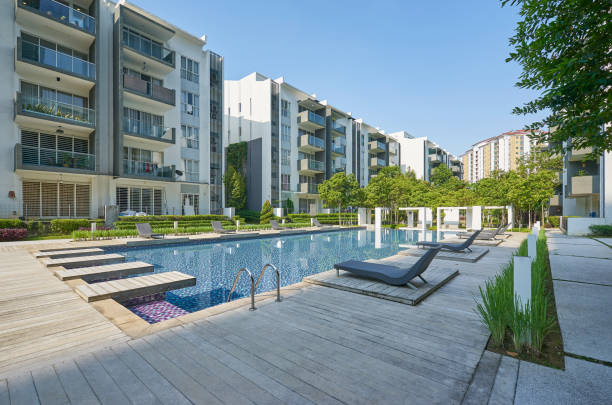 Modern residential buildings Modern residential buildings with outdoor facilities, Facade of new low-energy houses apartment stock pictures, royalty-free photos & images