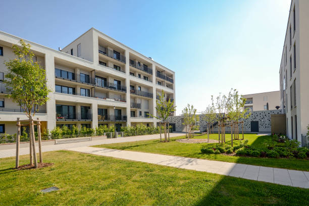 Modern residential buildings with outdoor facilities, Facade of new low-energy houses stock photo