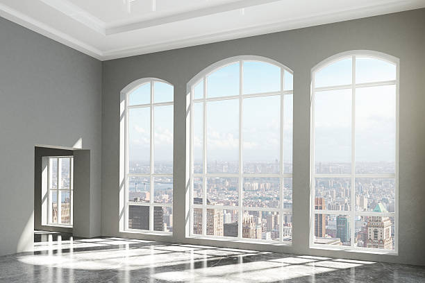 modern room with windows in floor and city view - fönsterrad bildbanksfoton och bilder