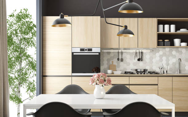 Modern Scandinavian kitchen and dining room stock photo