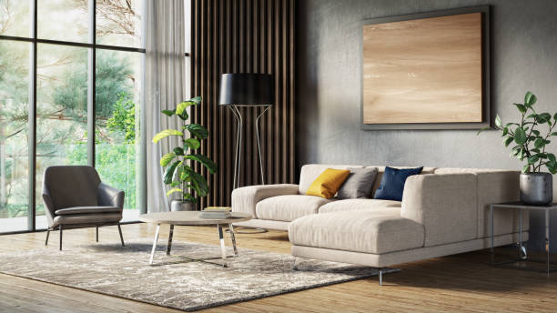 Modern scandinavian living room interior - 3d render Scandinavian interior design living room 3d render with gray colored furniture and wooden elements carpet decor stock pictures, royalty-free photos & images