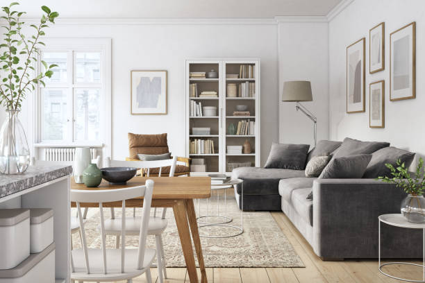 Modern scandinavian living room interior - 3d render Scandinavian interior design living room 3d render with gray and brown colored furniture and wooden elements northern europe stock pictures, royalty-free photos & images