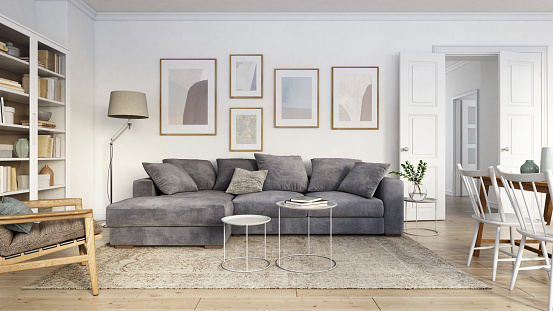 Scandinavian interior design living room 3d render with gray and brown colored furniture and wooden elements