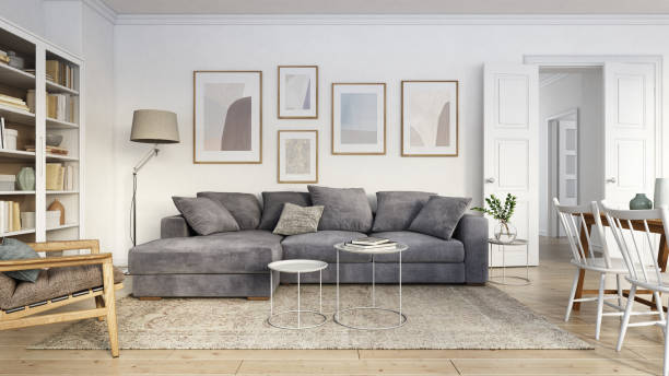 Modern scandinavian living room interior - 3d render Scandinavian interior design living room 3d render with gray and brown colored furniture and wooden elements scandinavia stock pictures, royalty-free photos & images