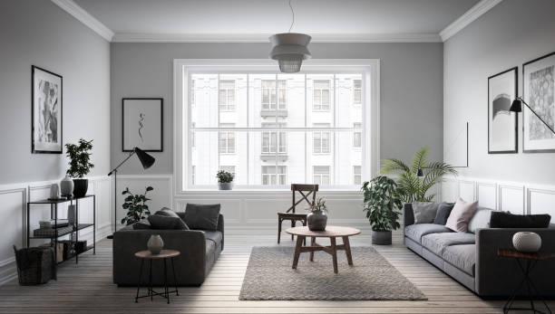 Modern scandinavian living room interior - 3d render stock photo