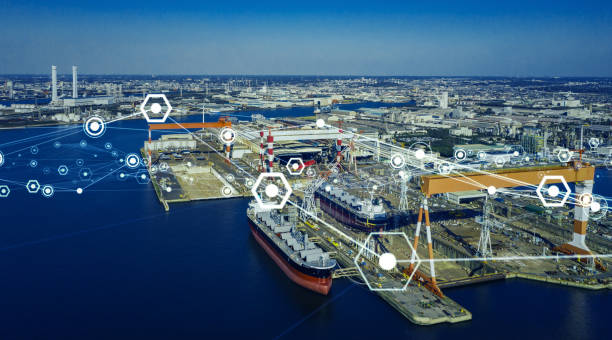 Modern shipyard aerial view and communication network concept. Logistics. INDUSTRY 4.0. Factory automation. Modern shipyard aerial view and communication network concept. Logistics. INDUSTRY 4.0. Factory automation. pier stock pictures, royalty-free photos & images