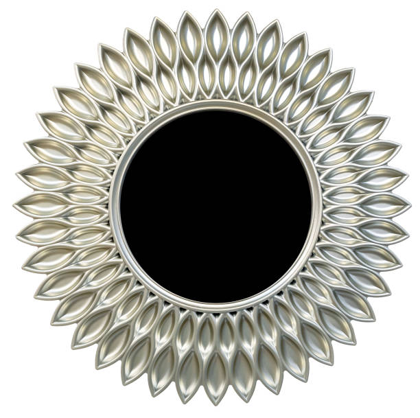 Modern silver round mirror frame sun or flower shape isolated white background Modern silver round mirror frame sun or flower shape isolated white background. mirror object stock pictures, royalty-free photos & images